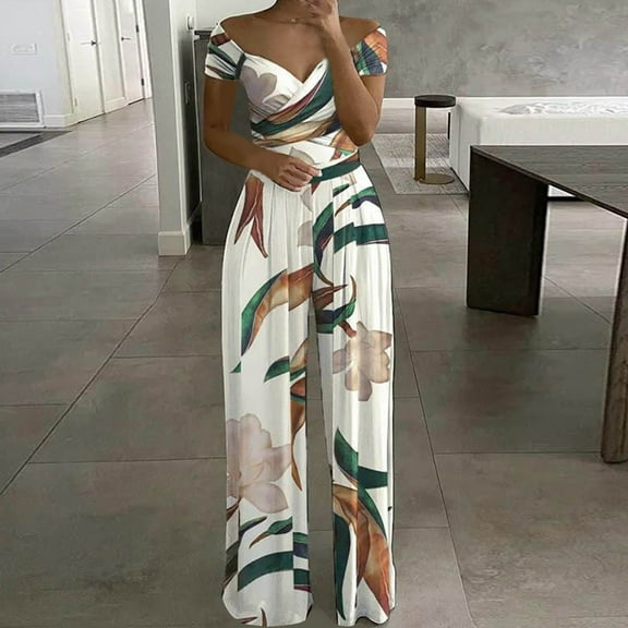 Usmixi Jumpsuits for Women Dressy Business Casual Empire Waist Pleated Loose Straight off Shoulder Jumpsuits Summer V-Neck Short Sleeve Floral Print Long Formal Rompers White l