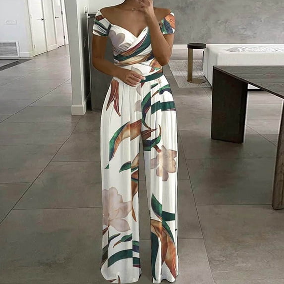 Usmixi Jumpsuits for Women Dressy Business Casual Empire Waist Pleated Loose Straight off Shoulder Jumpsuits Summer V-Neck Short Sleeve Floral Print Long Formal Rompers White l
