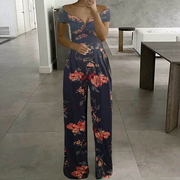 Usmixi Jumpsuits for Women Dressy Business Casual Empire Waist Pleated Loose Straight off Shoulder Jumpsuits Summer V-Neck Short Sleeve Floral Print Long Formal Rompers Dark Blue m