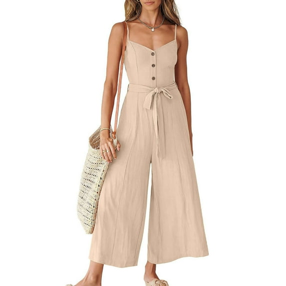 Usmixi Jumpsuits for Women Dressy Casual Button Down Spaghetti Strap Wide Leg Long Jumpsuits Overalls with Belt Summer V-Neck Sleeveless Solid Maxi Formal Rompers Beige s