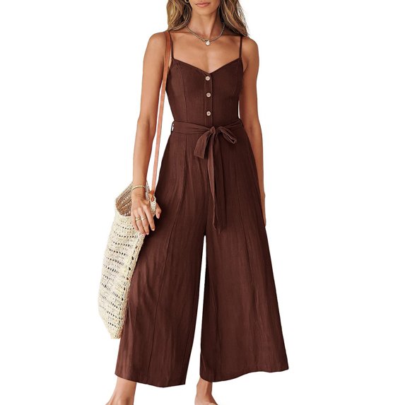 Usmixi Jumpsuits for Women Dressy Casual Button Down Spaghetti Strap Wide Leg Long Jumpsuits Overalls with Belt Summer V-Neck Sleeveless Solid Maxi Formal Rompers Coffee l