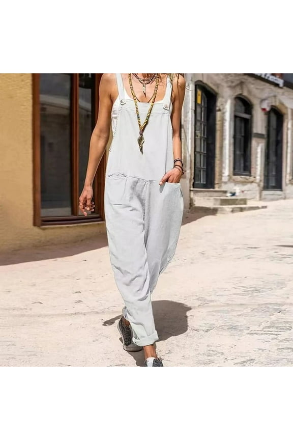 Usmixi Jumpsuits for Women Dressy Casual Cotton Linen Loose Wide Leg Strap Maxi Jumpsuits Overalls with Pocket Summer Square Neck Sleeveless Solid Long Formal Rompers White s