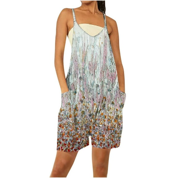 Usmixi Jumpsuits for Women Dressy Casual Loose Pocket Plus Size Spaghetti Strap Short Jumpsuits Overalls Summer V-Neck Sleeveless Flowers Print Mini Formal Rompers Multicolor xxxl