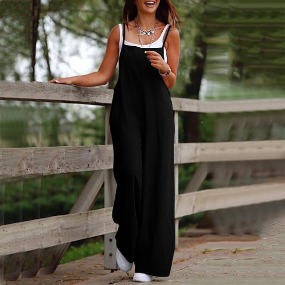 Usmixi Jumpsuits for Women Dressy Casual Loose Wide Leg Comfy Spaghetti Strap Long Jumpsuits Overalls with Pocket Summer Square Neck Sleeveless Solid Maxi Formal Rompers Black s