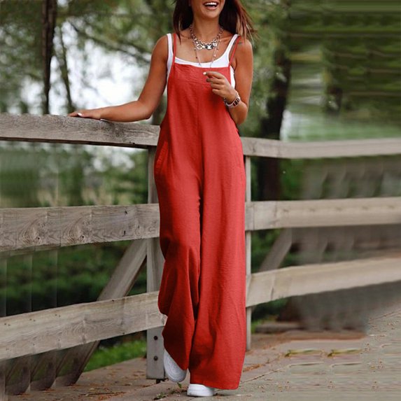 Usmixi Jumpsuits for Women Dressy Casual Loose Wide Leg Comfy Spaghetti Strap Long Jumpsuits Overalls with Pocket Summer Square Neck Sleeveless Solid Maxi Formal Rompers Red xxl