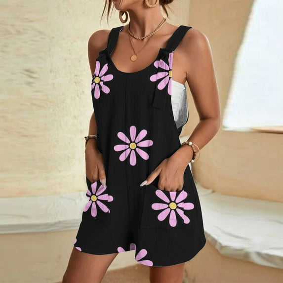Usmixi Jumpsuits for Women Dressy Casual Plus Size Adjustable Strap Linen Loose Pocket Short Jumpsuits Overalls Summer Round Neck Sleeveless Plants Print Mini Formal Rompers Pink l