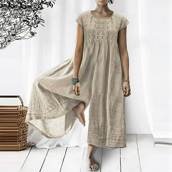 Usmixi Jumpsuits for Women Dressy Casual Solid Plus Size Baggy Cotton Linen Wide Leg Long Jumpsuits Overalls Summer Round Neck Short Sleeve Plain Maxi Formal Rompers Beige xxxxl