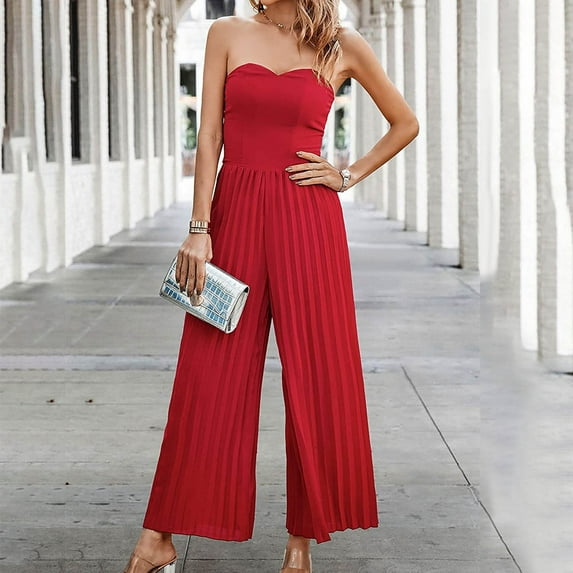 Usmixi Jumpsuits for Women Dressy Evening Party Sexy Strapless Pleated Wide Leg Empire Waist Jumpsuits Overalls Summer Tube Top Sleeveless Solid Long Formal Rompers Red m