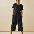 thumbnail image 1 of Usmixi Jumpsuits for Women Dressy Fashion Elastic Waist Pleated Cotton Linen Pocket Jumpsuits Summer Crewneck Short Sleeve Solid Long Trendy Rompers Black xxl, 1 of 7