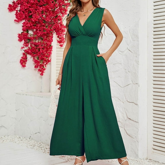 Usmixi Jumpsuits for Women Dressy Fashion Empire Waist Loose Wide Leg Pocket Straight Tank Long Jumpsuits Overalls Summer V-Neck Sleeveless Solid Maxi Formal Rompers Army Green m