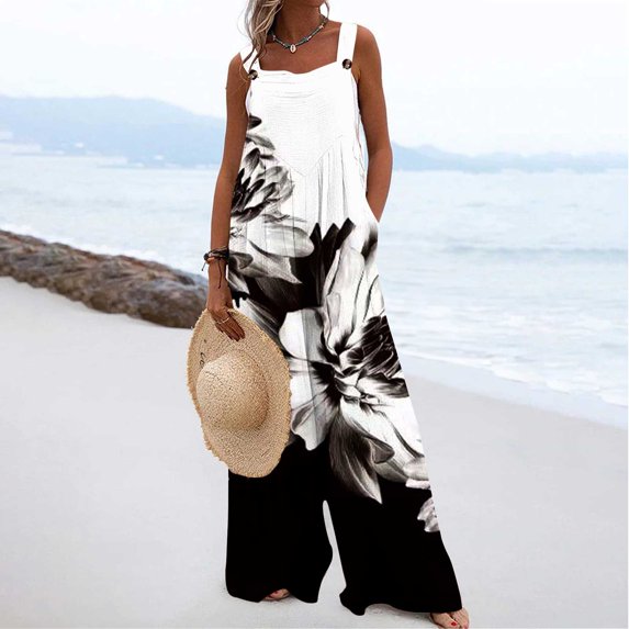 Usmixi Jumpsuits for Women Dressy Fashion Loose Baggy Pocket Button Strap Pleated Swing Long Jumpsuits Summer Square Neck Sleeveless Floral Print Maxi Trendy Rompers Black xxl