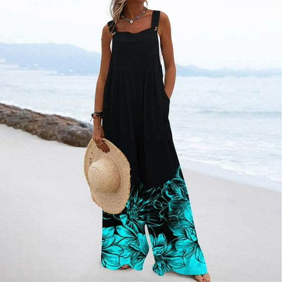 Usmixi Jumpsuits for Women Dressy Fashion Loose Baggy Pocket Button Strap Pleated Swing Long Jumpsuits Summer Square Neck Sleeveless Floral Print Maxi Trendy Rompers Blue xl