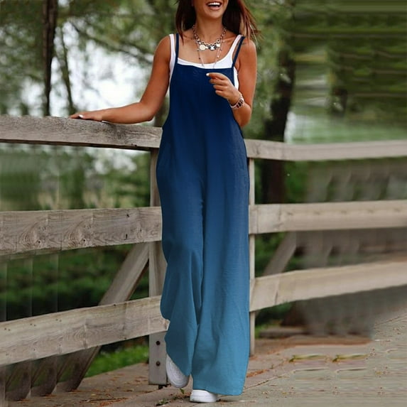 Usmixi Jumpsuits for Women Dressy Fashion Loose Wide Leg Spaghetti Strap Long Jumpsuits Overalls with Pocket Summer Square Neck Sleeveless Gradient Print Maxi Formal Rompers Blue m