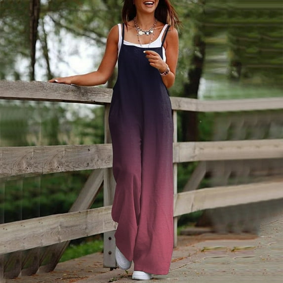 Usmixi Jumpsuits for Women Dressy Fashion Loose Wide Leg Spaghetti Strap Long Jumpsuits Overalls with Pocket Summer Square Neck Sleeveless Gradient Print Maxi Formal Rompers Pink s