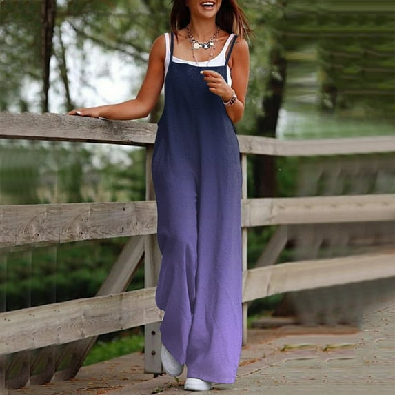 Usmixi Jumpsuits for Women Dressy Fashion Loose Wide Leg Spaghetti Strap Long Jumpsuits Overalls with Pocket Summer Square Neck Sleeveless Gradient Print Maxi Formal Rompers Purple m