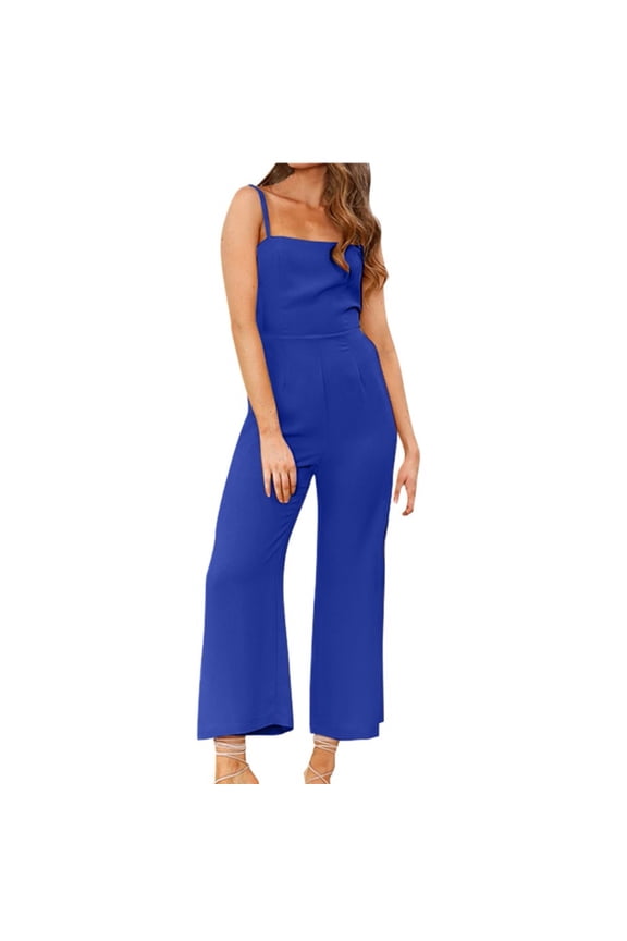 Usmixi Jumpsuits for Women Dressy Fashion Slim Back Zipper Lightweight Strap Maxi Jumpsuits Overalls Summer Square Neck Sleeveless Solid Long Formal Rompers Blue s