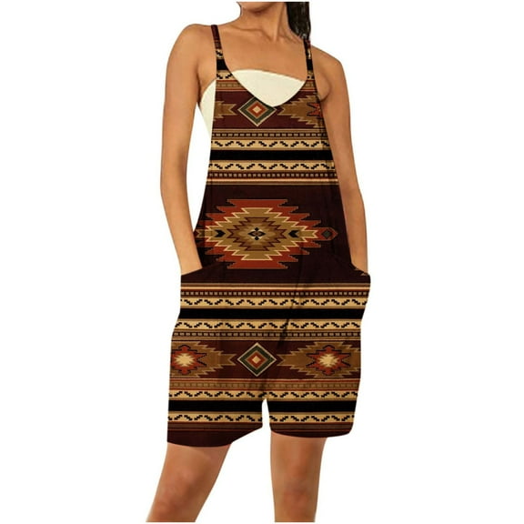 Usmixi Jumpsuits for Women Dressy Fashion Western Graphics Plus Size Pocket Spaghetti Strap Short Jumpsuits Summer V-Neck Sleeveless Geometric Print Mini Formal Rompers Yellow xxxl
