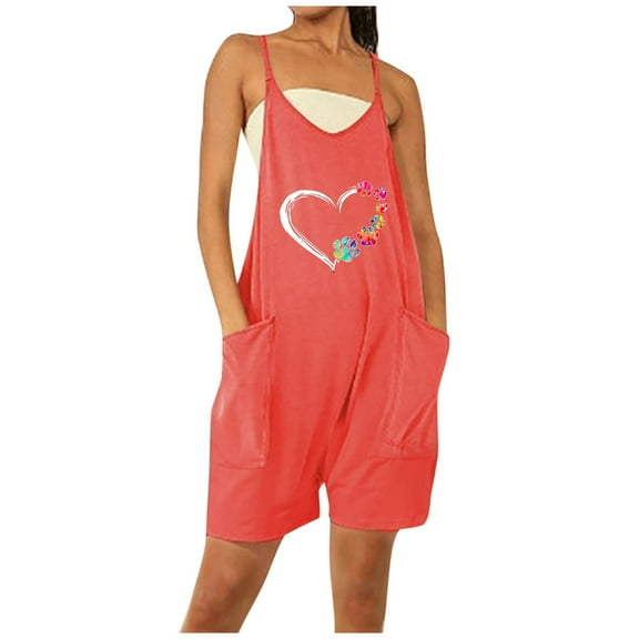 Usmixi Jumpsuits for Women Dressy Loose Wide Leg Casual Pocket Spaghetti Strap Mini Jumpsuits Overalls Summer V-Neck Sleeveless Heart Print Short Formal Rompers Orange m