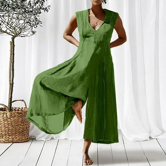 Usmixi Jumpsuits for Women Dressy Plus Size Breathable Cotton Linen Baggy Wide Leg Casual Tank Long Jumpsuits Summer V-Neck Sleeveless Solid Maxi Formal Rompers Green xxl