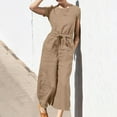 thumbnail image 1 of up to 60% off Gifts Jumpsuits for Women Dressy Plus Size Casual Cotton Linen Straight Pocket Long Jumpsuits Overalls with Belt Summer Round Neck Short Sleeve Solid Maxi Formal Rompers Coffee xxxxxl, 1 of 7
