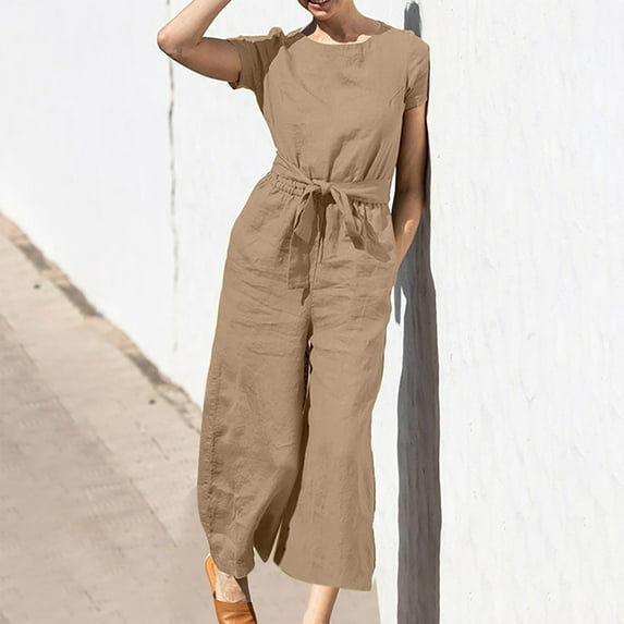 up to 60% off Gifts Jumpsuits for Women Dressy Plus Size Casual Cotton Linen Straight Pocket Long Jumpsuits Overalls with Belt Summer Round Neck Short Sleeve Solid Maxi Formal Rompers Coffee xxxxxl
