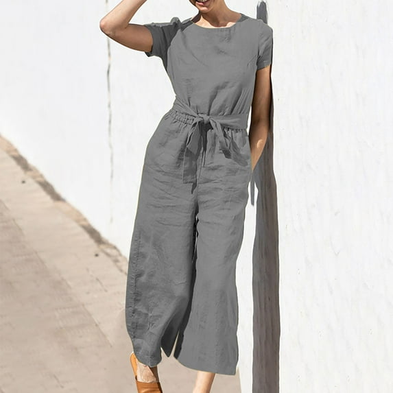 Usmixi Jumpsuits for Women Dressy Plus Size Casual Cotton Linen Straight Pocket Long Jumpsuits Overalls with Belt Summer Round Neck Short Sleeve Solid Maxi Formal Rompers Gray xxxxxl