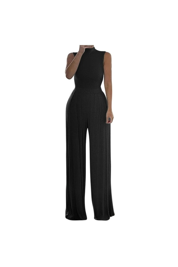 Usmixi Jumpsuits for Women Evening Party Prom Elegant Empire Waist Pleated Straight Leg Long Jumpsuits Overalls Summer Formal Solid Half High Neck Sleeveless Maxi Rompers Black xl