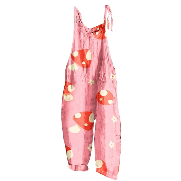 Usmixi Jumpsuits for Women Fashion Adjustable Strap Loose Cotton Linen Pocket Wide Leg Baggy Long Jumpsuits Overalls Summer Formal Plants Print Crewneck Sleeveless Maxi Rompers Red l
