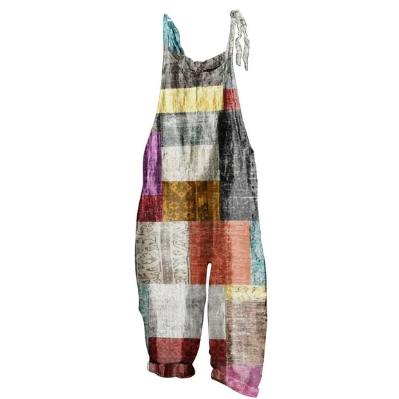 Usmixi Jumpsuits for Women Fashion Adjustable Strap Soft Cotton Linen Loose Baggy Wide Leg Jumpsuits Overalls with Pocket Summer Formal Geometric Print Crewneck Sleeveless Long Rompers Orange xxl