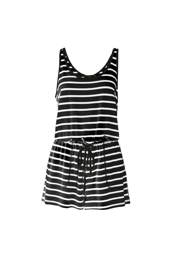 Usmixi Jumpsuits for Women Fashion Elastic Waist Pocket Straight Wide Leg Tank Jumpsuits Overalls with Pocket Summer Formal Striped Print Crewneck Sleeveless Short Rompers Black m