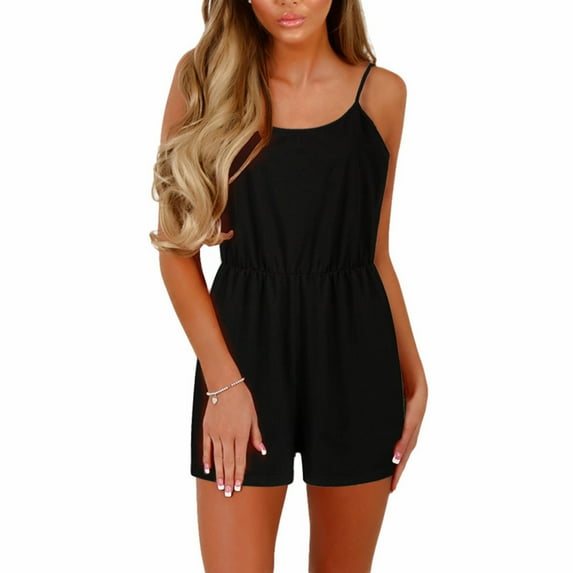 Usmixi Jumpsuits for Women Fashion Elastic Waist Smocked Spaghetti Strap Short Jumpsuits Overalls Summer Formal Striped Print Round Neck Sleeveless Mini Rompers Black s