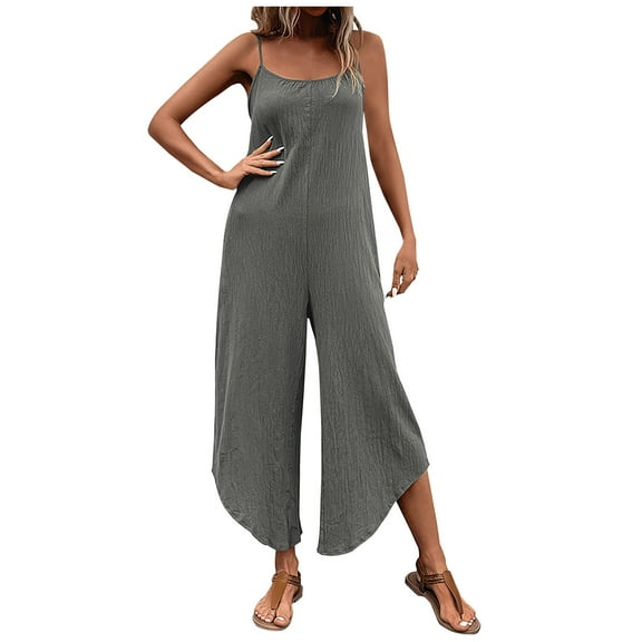 Usmixi Jumpsuits for Women Fashion Irregular Loose Wide Leg Lightweight Spaghetti Strap Long Jumpsuits Overalls Summer Formal Solid Square Neck Sleeveless Maxi Rompers Gray l