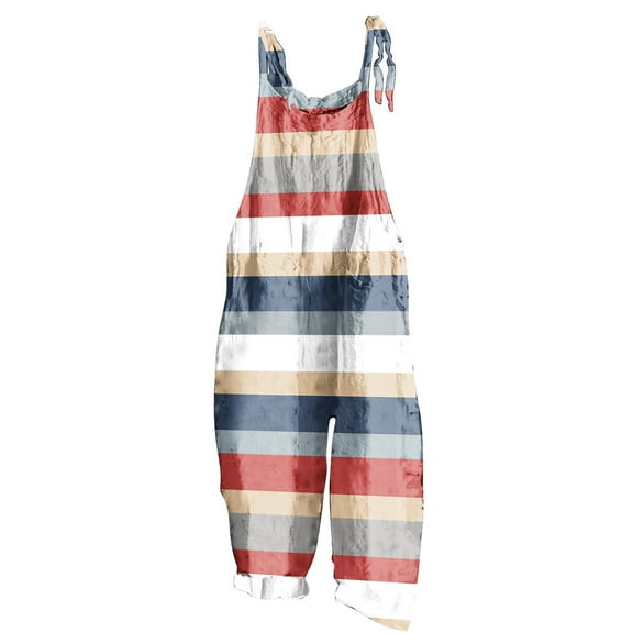 Usmixi Jumpsuits for Women Fashion Loose Wide Leg Adjustable Strap Cotton Linen Pocket Baggy Jumpsuits Overalls Summer Formal Striped Print Crewneck Sleeveless Long Rompers Gray xxl