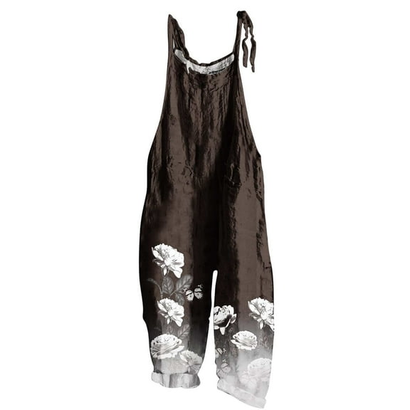 Usmixi Jumpsuits for Women Fashion Tie Dye Adjustable Strap Loose Wide Leg Pocket Comfy Linen Baggy Long Jumpsuits Overalls Summer Formal Ethnic Style Print Crewneck Sleeveless Maxi Rompers Gray xl
