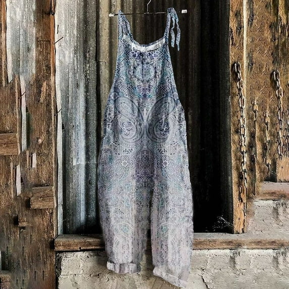 Usmixi Jumpsuits for Women Fashion Tie Dye Adjustable Strap Loose Wide Leg Pocket Comfy Linen Baggy Long Jumpsuits Overalls Summer Formal Ethnic Style Print Crewneck Sleeveless Maxi Rompers