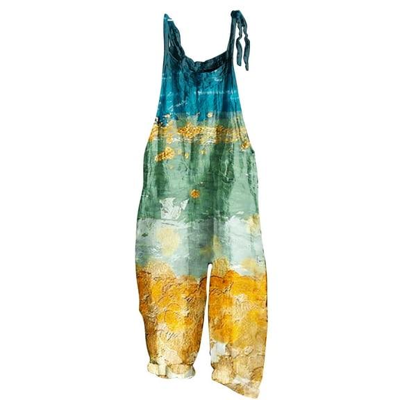 Usmixi Jumpsuits for Women Loose Comfort Cotton Linen Fashion Adjustable Strap Baggy Wide Leg Pocket Long Jumpsuits Overalls Summer Formal Tie-Dye Round Neck Sleeveless Maxi Rompers Yellow s