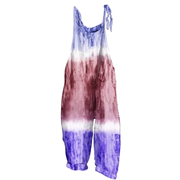 Usmixi Jumpsuits for Women Loose Comfort Cotton Linen Fashion Adjustable Strap Baggy Wide Leg Pocket Long Jumpsuits Overalls Summer Formal Tie-Dye Round Neck Sleeveless Maxi Rompers Purple m