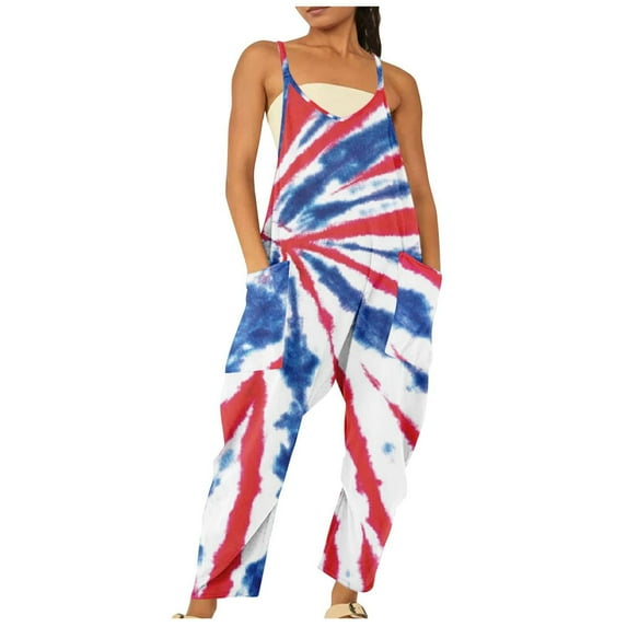 Usmixi Jumpsuits for Women Loose Pocket Wide Leg Spaghetti Strap 4th of July Long Jumpsuits Summer Fashion Star US Flag Print V-Neck Sleeveless Maxi Rompers White l