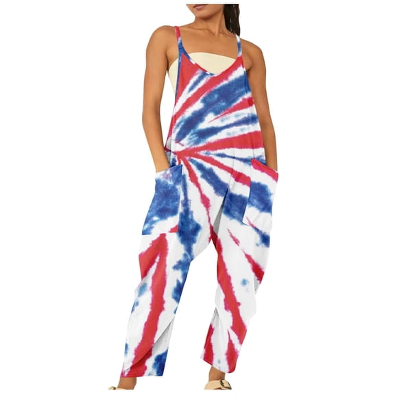 Usmixi Jumpsuits for Women Loose Pocket Wide Leg Spaghetti Strap 4th of July Long Jumpsuits Summer Fashion Star US Flag Print V-Neck Sleeveless Maxi Rompers White xxl