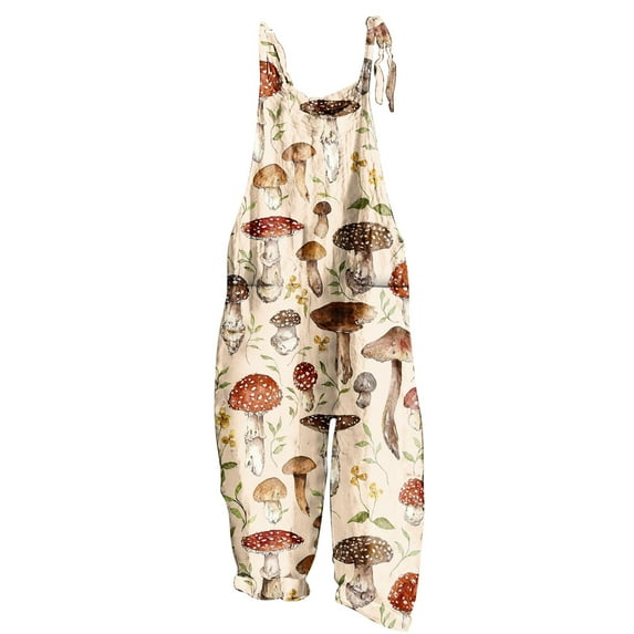 Usmixi Jumpsuits for Women Loose Wide Leg Adjustable Strap Fashion Graphics Cotton Linen Baggy Long Jumpsuits Overalls Summer Formal Plants Print Crewneck Sleeveless Maxi Rompers Coffee xxl