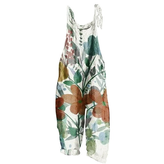 Usmixi Jumpsuits for Women Loose Wide Leg Breathable Linen Spaghetti Strap Fashion Pocket Baggy Jumpsuits Overalls Summer Formal Floral Print Crewneck Sleeveless Long Rompers Green s