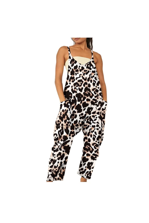 Usmixi Jumpsuits for Women Loose Wide Leg Spaghetti Strap Long Jumpsuits Overalls with Pocket Summer Fashion Leopard Print V-Neck Sleeveless Maxi Rompers Khaki xxl