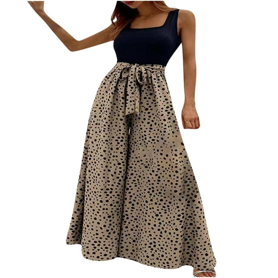 Usmixi Jumpsuits for Women Loose Wide Leg Vintage Empire Waist Long Tank Jumpsuits Overall with Belt Summer Formal Leopard Print Square Neck Sleeveless Maxi Rompers Khaki xxl