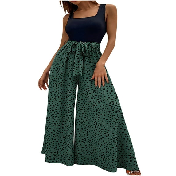 Usmixi Jumpsuits for Women Loose Wide Leg Vintage Empire Waist Long Tank Jumpsuits Overall with Belt Summer Formal Leopard Print Square Neck Sleeveless Maxi Rompers Green m