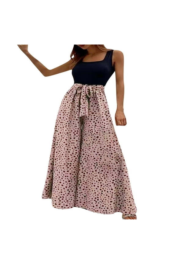Usmixi Jumpsuits for Women Loose Wide Leg Vintage Empire Waist Long Tank Jumpsuits Overall with Belt Summer Formal Leopard Print Square Neck Sleeveless Maxi Rompers Pink m