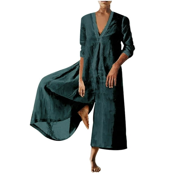 Usmixi Jumpsuits for Women Plus Size Fashion Loose Wide Leg Lightweight Cotton Linen Baggy Maxi Jumpsuits Overalls Summer Formal Solid V-Neck Short Sleeve Long Rompers Green xxxxl