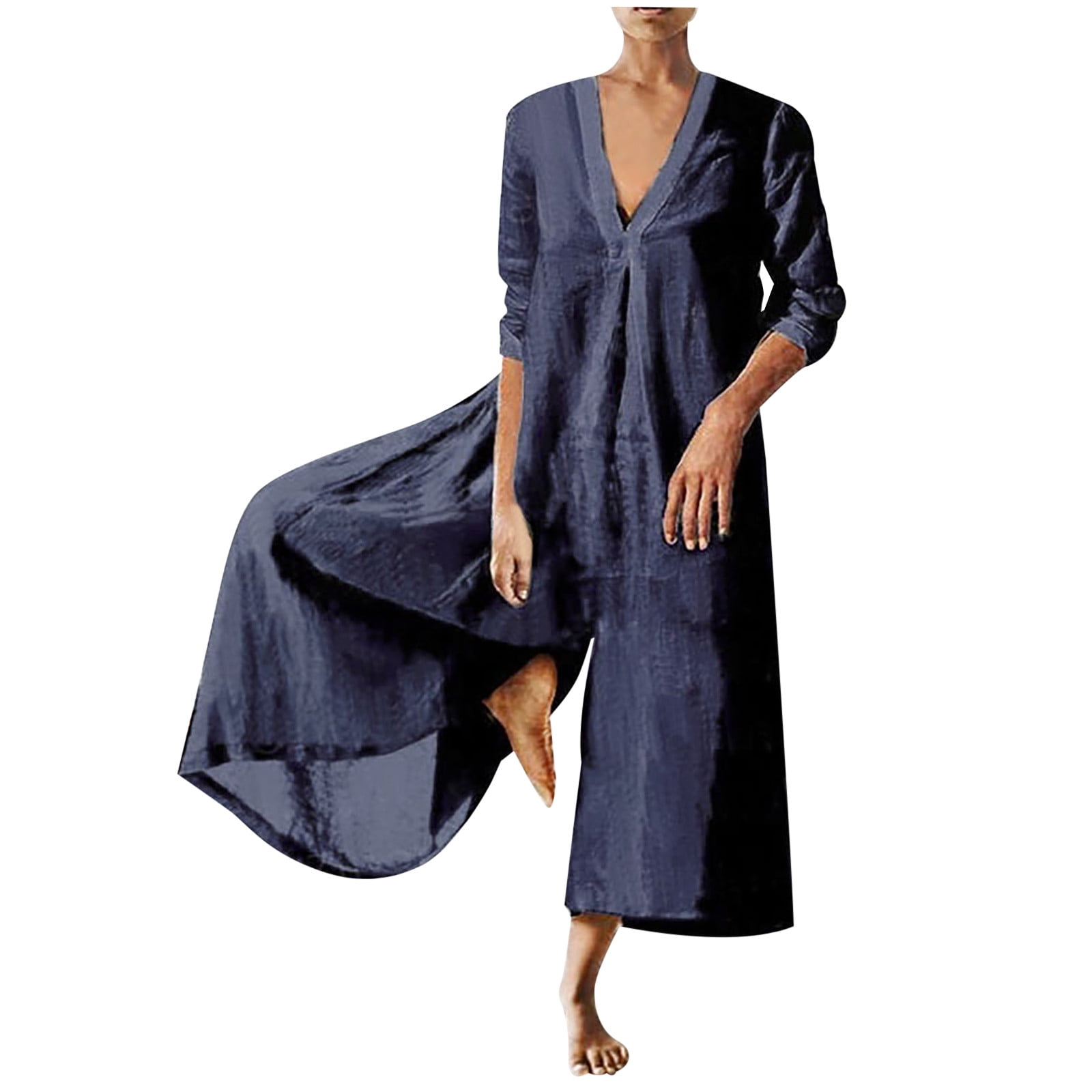 Plus Size Women Spring Casual Pure Color Loose Jumpsuits