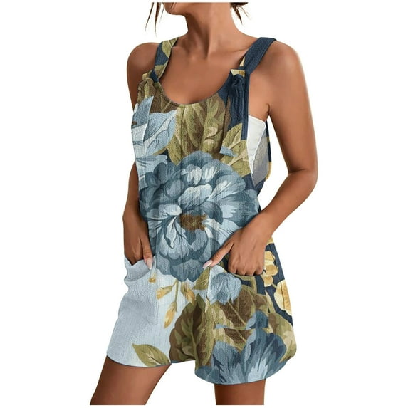 Usmixi Jumpsuits for Women Plus Size Loose Straight Wide Leg Breathable Cotton Linen Strap Vintage Short Jumpsuits Overalls Summer Formal Ethnic Style Print Crewneck Sleeveless Mini Rompers Blue xxxl