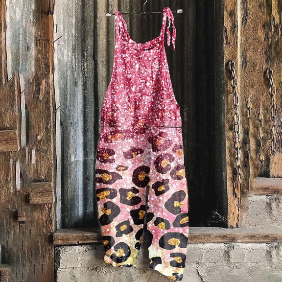 Usmixi Jumpsuits for Women Plus Size Loose Wide Leg Vintage Floral Graphics Cotton Linen Strap Baggy Long Jumpsuits Overalls Summer Formal Leopard Print Round Neck Sleeveless Maxi Rompers