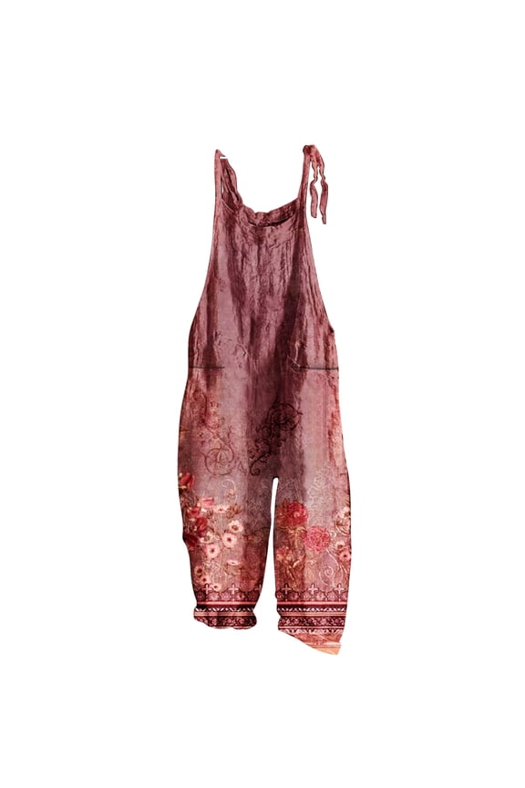 Usmixi Jumpsuits for Women Plus Size Loose Wide Leg Vintage Floral Graphics Cotton Linen Strap Baggy Long Jumpsuits Overalls Summer Formal Leopard Print Round Neck Sleeveless Maxi Rompers Red s